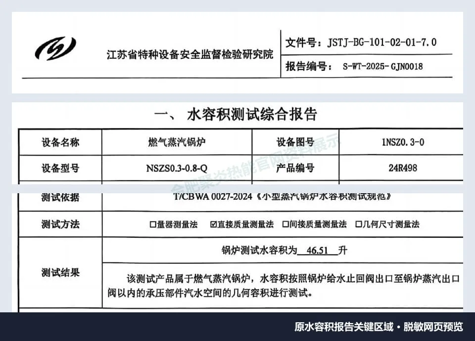 检测机构、NSZS0.3-0.8-Q型号、24R498编号及水容积实测最大值46.51 L脱敏预览